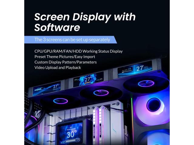 JONSBO ZC-360W 3.38'x3 Screen PC Fan,3 Magnetic 3.38 LCD Screen Control Software,Integrated Link Fan,Customize Display Patterns,Data,Video Upload...