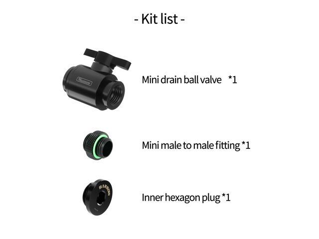Barrow Drain Valve Kit, Include Ball Valve & Male To Male Fitting & Plug, AIO Water Valve Kit For Water Cooling System, Black Kit
