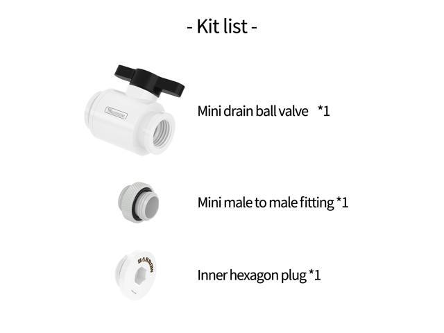 Barrow Drain Valve Kit, Include Ball Valve & Male To Male Fitting & Plug, AIO Water Valve Kit For Water Cooling System, White Kit