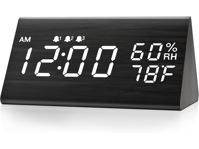JALL Wooden Digital Alarm Clock for Bedrooms and Office, 3 Alarms with Big Digits, Humidity and Temperature Display, 6-Level Dimmer, Snooze, Loud...