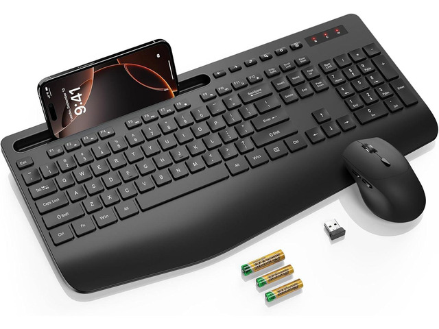 Wireless Keyboard and Mouse Combo - Full Size Ergonomic Wrist Rest