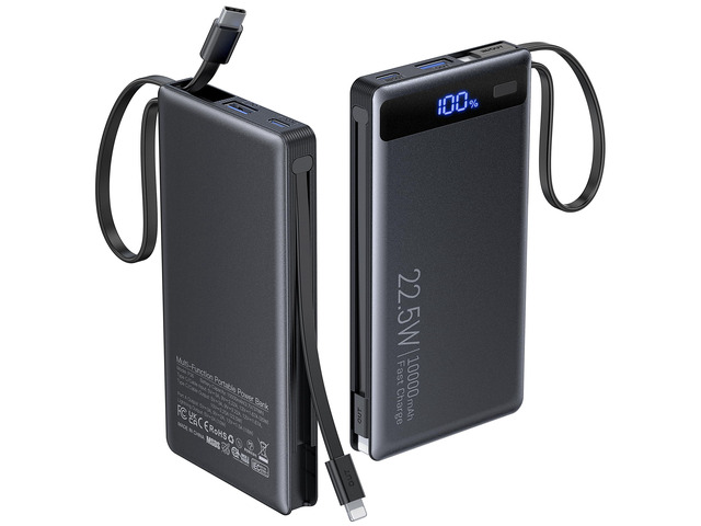 10000mAh Portable Power Bank with 2 Built-in Cables
