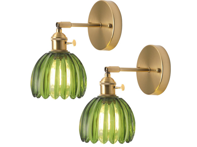 Set of 2 Vintage Brass Gold and Green Glass Flower Wall Lamps