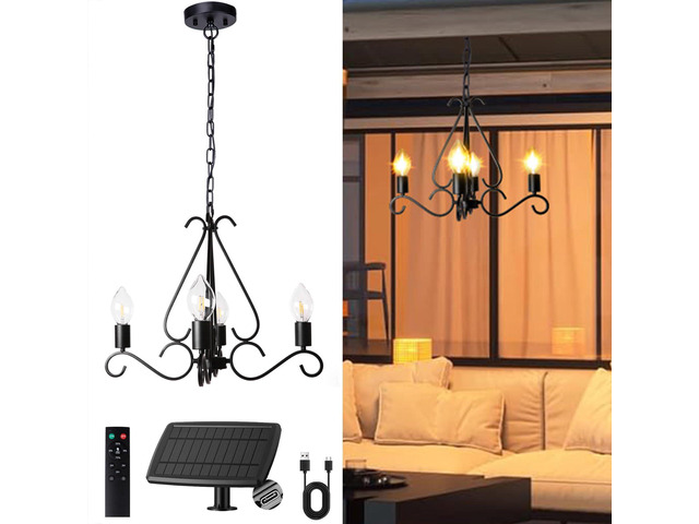 Solar Chandelier Outdoor 4-Lights 23' Rustic Farmhouse Industrial Iron Chandeliers