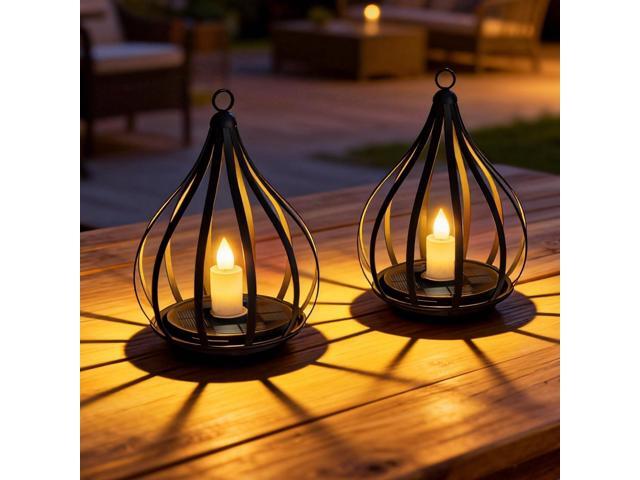 2 Pack Hanging Solar Lanterns with Realistic Flickering Flame