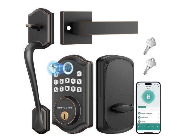 AkaGear DS10 Pro Keyless Entry Door Lock with Handle Set, Smart Front Door Locks Set, Electronic Keypad, Fingerprint Deadbolt, Bluetooth APP...