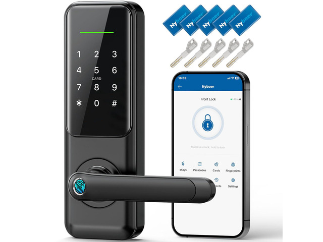 Nyboer Smart Keypad Door Lock with Handle for Front Door 7 in 1 Keyless Entry with Fingerprint, Easy DIY Install, Remote & Voice Control,...