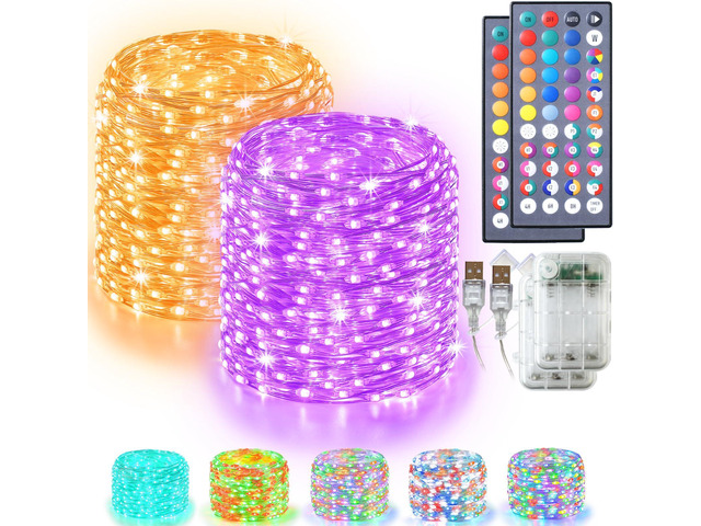Lovelite Fairy Lights 34 Colors Changing, 2 Pack Total 66FT 200LED Christmas String Lights Battery Operated USB Plug in, Waterproof Twinkle Lights...