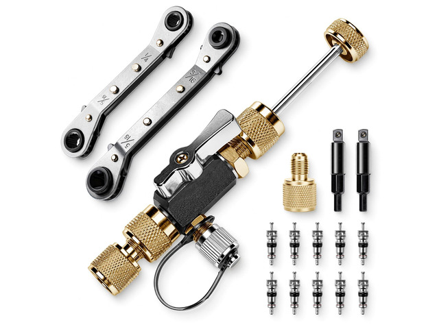 HVAC Valve Core Removal Tool Set,HVAC Service Wrench Set with Hex Bit Adapters,Dual Size SAE 1/4 to 5/16 Port, 5/16'', 3/8'' Refrigeration Service...