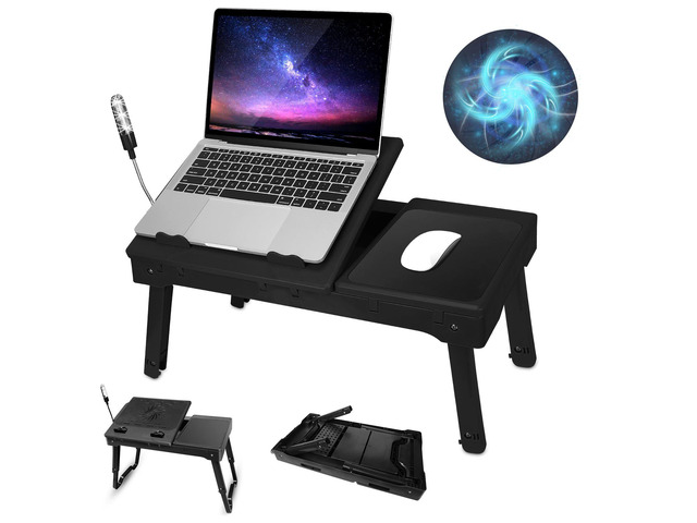 Foldable Laptop Table with Cooling Fan, LED Light, 4 x USB Ports, Mouse Pad & Storage Groove for Laptop Use in Home Office