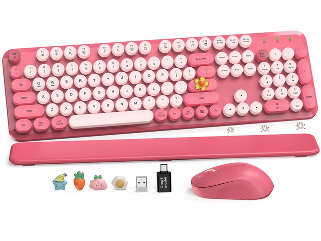 Wireless Keyboard and Mouse Combo, Round Keycaps, Magnetic Wrist Rest, Pink Full-Size Retro Typewriter-Style Keyboard, Tilt Legs, Auto Sleep,...