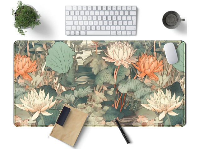 Light Emerald and Orange Floral Desk Mat, XXL Large Extended Mouse Pad Gaming De