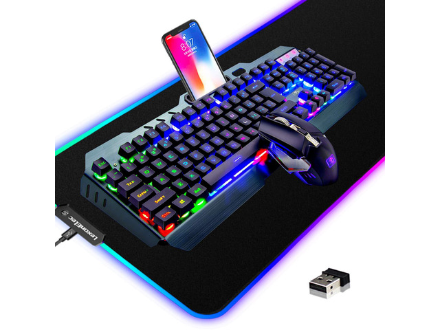 Wireless Gaming Keyboard and Mouse Combo,3 in 1 Rainbow LED Rechargeable Keyboard Mouse with 3800mAh Battery Metal Panel,10 Colors RGB Gaming Mouse...
