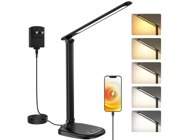 Desk Lamp with Charger, 10%-100% Stepless Dimmable & 5 Color Modes Study Lamp, Touch Control, 30-/60-minute Timer, USB Charging Output Port, CRI90,...