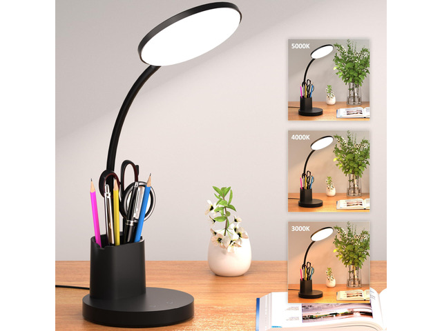 LED Desk Lamp for College Dorm with Pen Phone Holder, Black 3 Color Modes Dimmable Desk Light, College Dorm Essentials, 360° Adjustable Arm,...