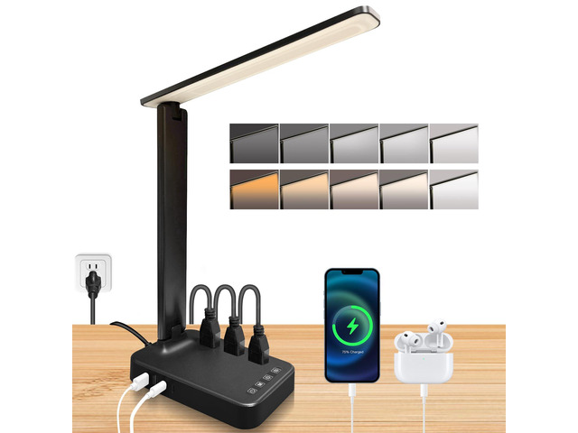 LED Desk Lamp with Power Strip, 3 AC Outlets & 4 USB Ports (2 USB-C), Eye-Caring