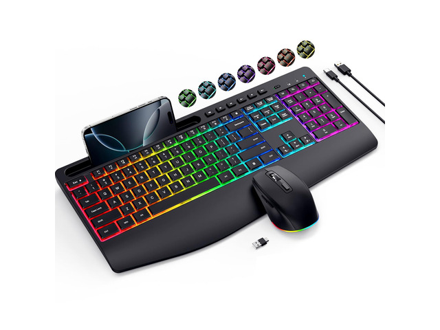 Wireless Keyboard and Mouse Combo- VEILZOR 2.4G Rechargeable Keyboard with Phone Holder, Ergonomic Wrist Rest, 9 RGB Backlit Effects, Silent...