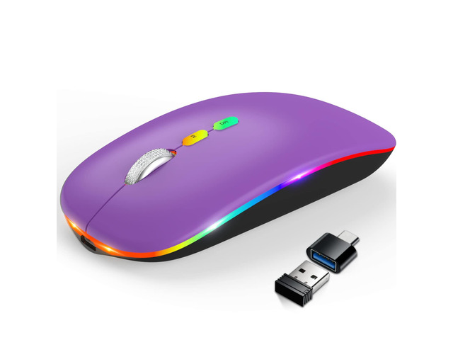 HOTLIFE Wireless Bluetooth Mouse, Slim Rechargeable LED Mouse, 2.4G Portable USB Optical Mouse with Type C Adapter, Purple