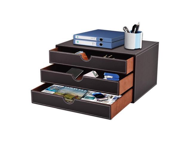PU Leather Desk Organizer with 3 Drawers,Executive Office Supplies Desktop Filing A4 File Cabinet/Holder for Jewelry/Bill/Paper/Documents/Makeup...