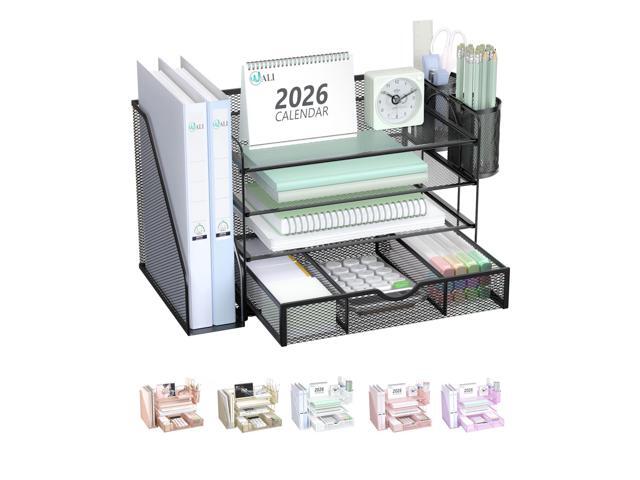 WALI Desk File Organizer, 4 Tier Desktop Paper Letter Tray Organizer with Drawer and 2 Pen Holders, Office Desk Accessories & Workspace Organizers...