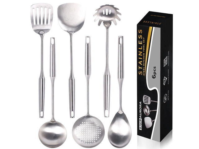 Stainless Steel Kitchen Utensil Set, 6-Piece Cooking Tools with Slotted Spoon, Soup Ladle, Pasta Server, Serving Spoons, Spatula, Slotted Turner,...