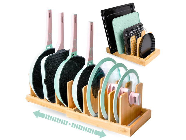 Pots and Pans Organizer under Cabinet Expandable Bamboo Pot Lid Holder Rack