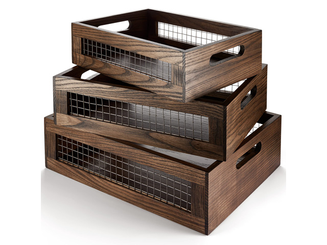 Set of 3 Large Wooden Nesting Countertop Basket for Display