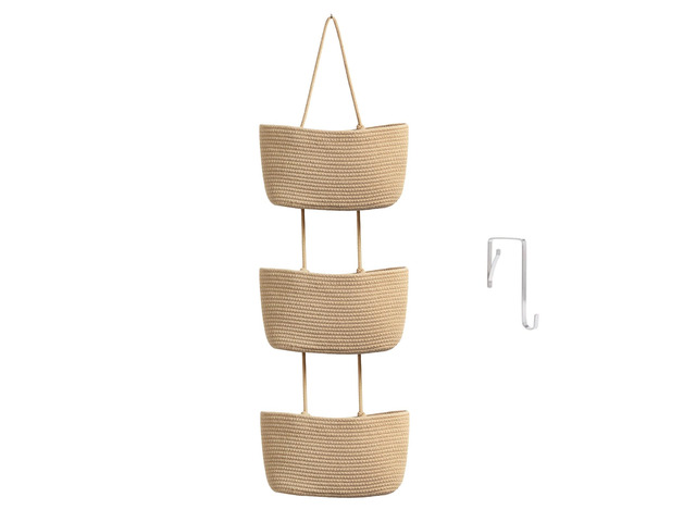 TeoKJ Over the Door Hanging Storage Basket Woven 3 Tier Wall Organizer Jute