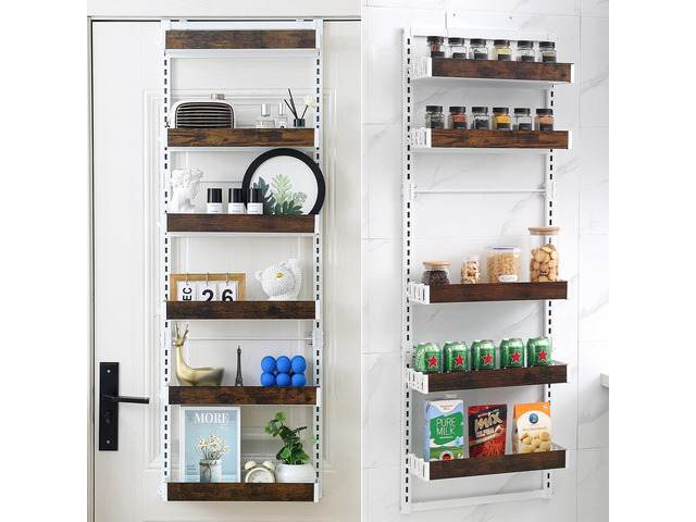 Over-The-Door Organizer 6-Tier Wooden Pantry Storage Shelf with 12 Hooks, Wall-M