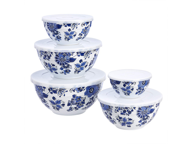 Amazon Basics Mixing Bowls with Lids, Nesting Melamine Serving Bowls, Non-Slip Base, BPA Free, Dishwasher Safe, 5 Sizes, Blue and White Floral, Set...