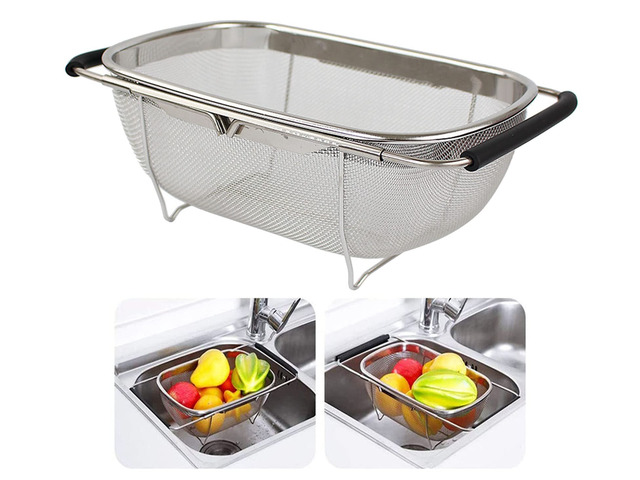 AJIODA Over The Sink Colander, 4 Quarts Stainless Steel Oval Colander with Expandable Rubber Grip Handle, Fine Mesh Strainer Baskets Kitchen...
