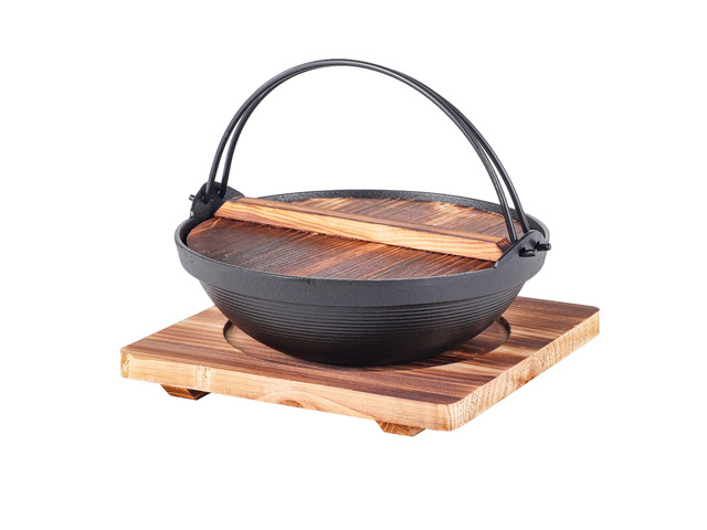 Japanese Style Sukiyaki Tetsu Pot Cast Iron Sukiyaki Pot with Wooden Lid and Trivet Hanging Stove Nabemono Hot Pot Home Use or Hiking Stove Pan...