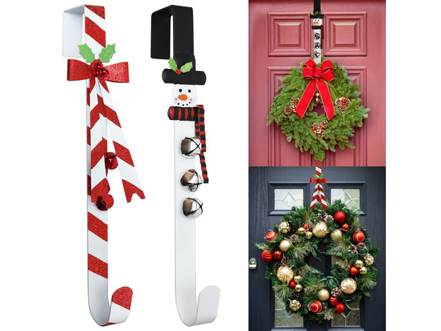 2-Pack Metal Candy Cane and Snowman Wreath Hangers for Front Door