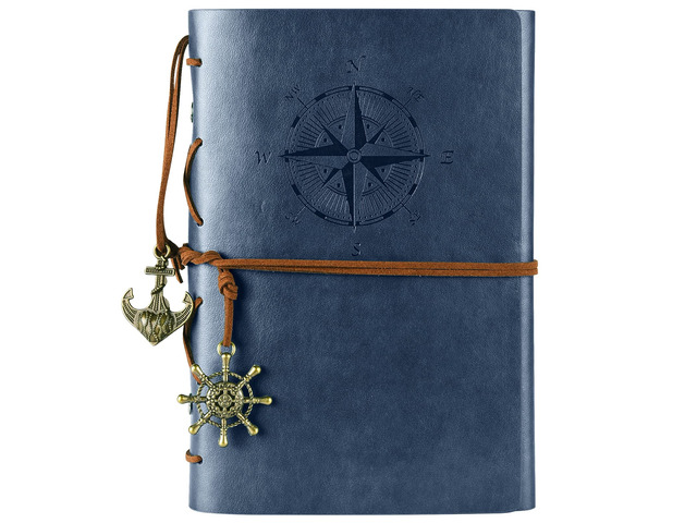 Vintage Refillable Journey Diary, MALEDEN Premium PU Leather Classic Embossed Travel Journal Notebook with Blank Pages and Retro Pendants (Deep Blue)