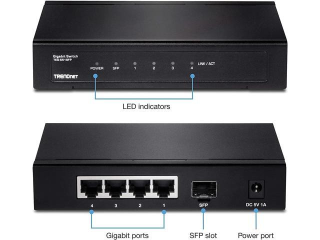 TRENDnet 4-Port Gigabit Switch with SFP Slot, TEG-S51SFP, 10 Gbps Switching Capacity, Fanless, 802.1p QoS, Rear Facing Ports, Metal Housing,...