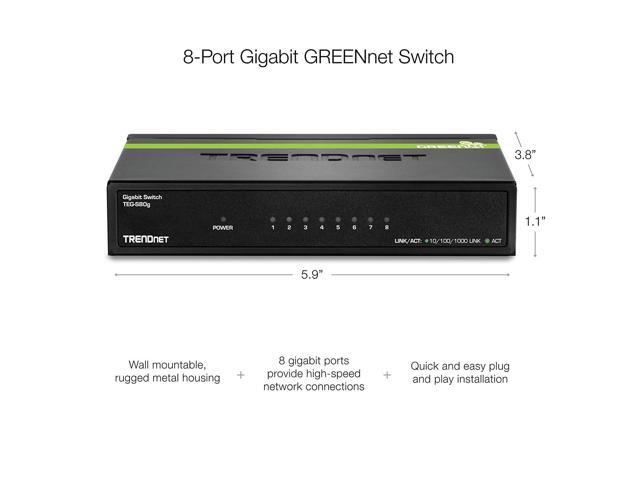 TRENDnet 8-Port Unmanaged Gigabit GREENnet Desktop Metal Switch, Ethernet Splitter, Fanless,16Gbps Switching Capacity, Plug & Play, Lifetime...