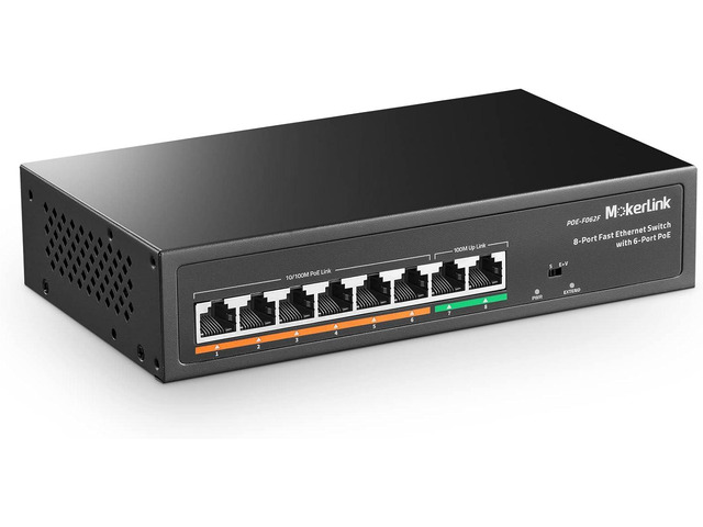 MokerLink 8 Port PoE Switch with 6 PoE+ Port, 2 Uplink, 100Mbps, 78W AI Detection IEEE802.3af/at, Fanless Metal Plug & Play Network Switch