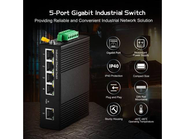 Binardat 5 Port Gigabit Din Rail Industrial Ethernet Switch, 4 Ports and 1 Uplink 10/100/1000Mbps, Fanless Wall Mount, with One Power Supply