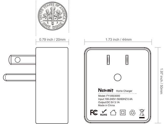 Nekmit Dual Port Ultra Thin Flat USB Wall Charger with Smart IC, White