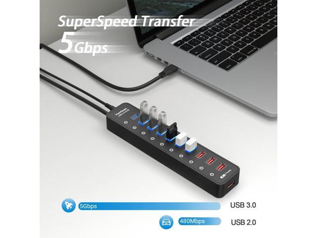 Powered USB 3.0 hub, 11-Port USB Hub Splitter Extension 7 USB 3.0 Data Ports + 4 Smart Charging Ports with Individual LED On/Off Switches and...