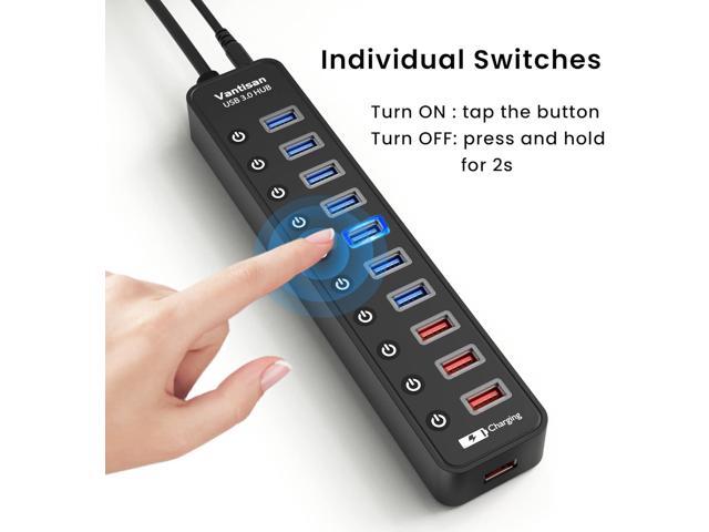Powered USB 3.0 hub, 11-Port USB Hub Splitter Extension 7 USB 3.0 Data Ports + 4 Smart Charging Ports with Individual LED On/Off Switches and...