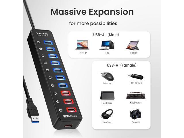 Powered USB 3.0 hub, 11-Port USB Hub Splitter Extension 7 USB 3.0 Data Ports + 4 Smart Charging Ports with Individual LED On/Off Switches and...