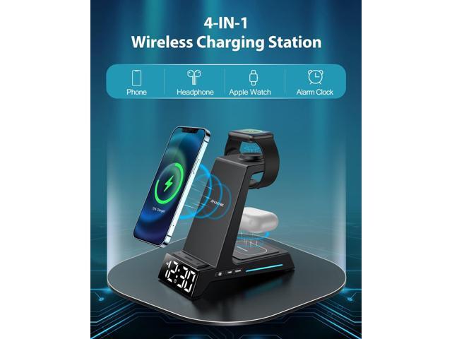 Wireless Charging Station - 4 in 1 Wireless Charger with Alarm Clock, Charging Stand Dock for iPhone 15/14/13/12/11/Pro/Max/XR/XS/X/ Phone, for...
