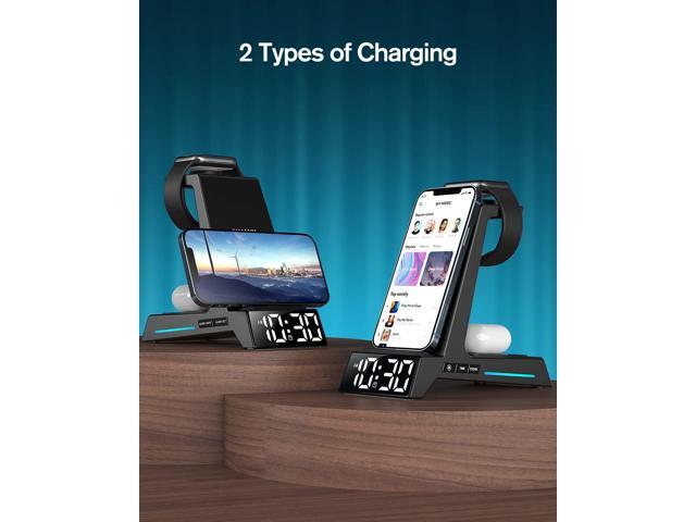 Wireless Charging Station - 4 in 1 Wireless Charger with Alarm Clock, Charging Stand Dock for iPhone 15/14/13/12/11/Pro/Max/XR/XS/X/ Phone, for...