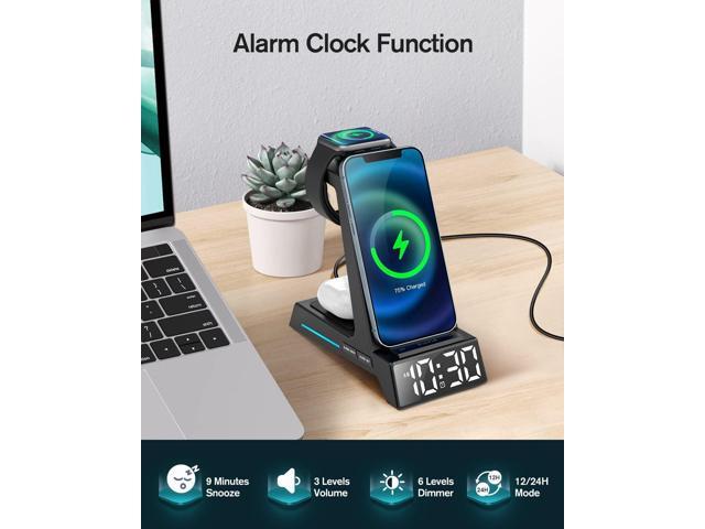 Wireless Charging Station - 4 in 1 Wireless Charger with Alarm Clock, Charging Stand Dock for iPhone 15/14/13/12/11/Pro/Max/XR/XS/X/ Phone, for...