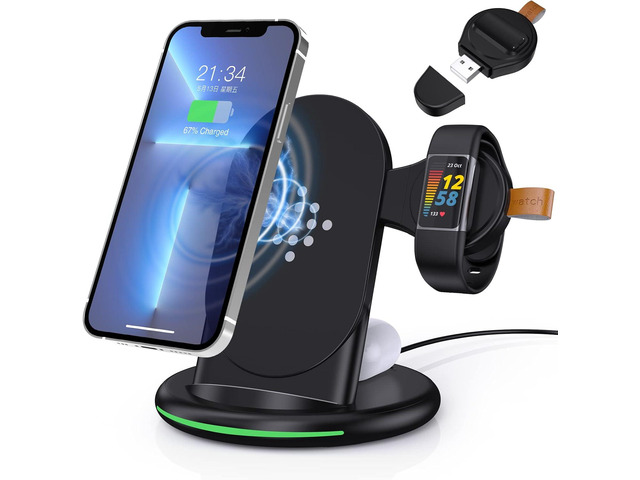 3 in 1 Wireless Charger for Fitbit Charge 6/5/Fitbit Luxe,Wireless Charging Station Compatible for iPhone 14/12 Pro Max/13/11/8, for Samsung Galaxy...