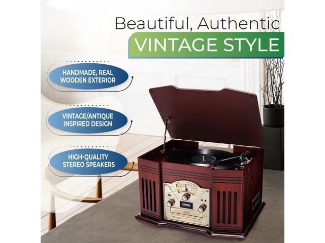 ClearClick All-in-One Turntable with 3-Speed Record Player, Bluetooth, CD, Cassette Tape, AM/FM Radio, Aux, USB, Built-in Speakers, Handmade Wooden...