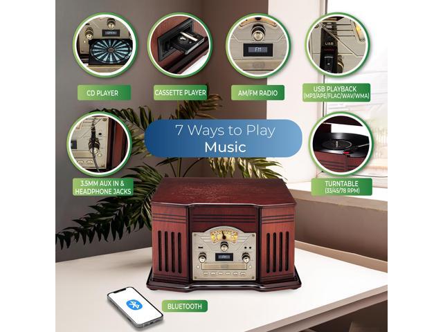 ClearClick All-in-One Turntable with 3-Speed Record Player, Bluetooth, CD, Cassette Tape, AM/FM Radio, Aux, USB, Built-in Speakers, Handmade Wooden...