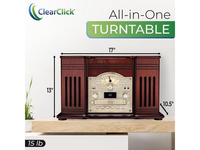 ClearClick All-in-One Turntable with 3-Speed Record Player, Bluetooth, CD, Cassette Tape, AM/FM Radio, Aux, USB, Built-in Speakers, Handmade Wooden...