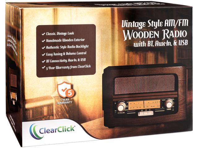 ClearClick Classic Vintage Retro Style AM/FM Radio with Bluetooth, Aux-in, & USB - Handmade Wooden Exterior Dark Brown